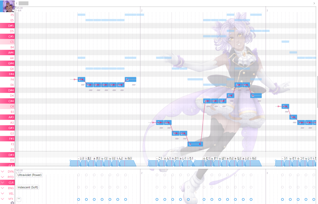 Screenshot of the OpenUTAU editor interface, featuring THEIA OG03 MONARCH